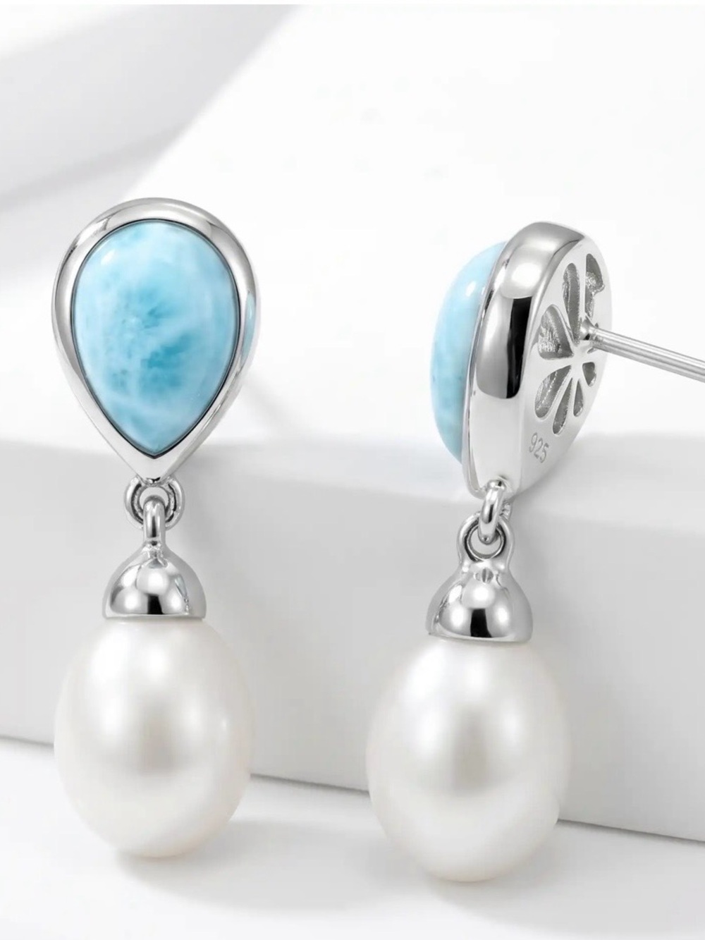 Blue Turquoise (Larimer) and Pearl Pendant Necklace & Earrings Set - Picture 10 of 10